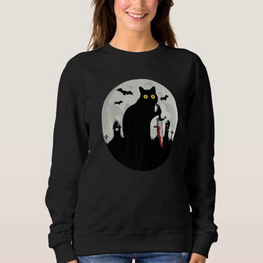 Cat What Halloween Black Cat with Knife   What Cat Sweatshirt (Vorderseite)