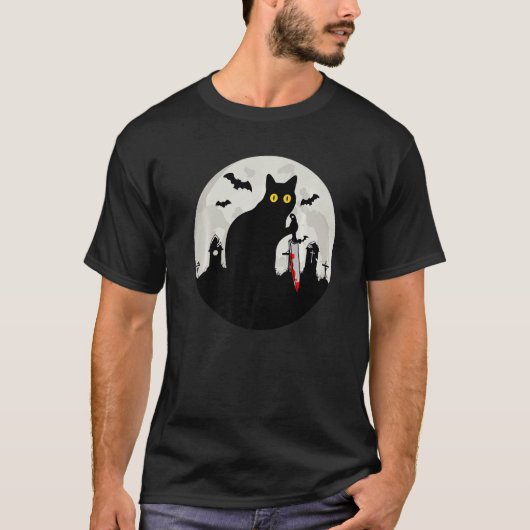 Cat What Halloween Black Cat with Knife What Cat T-Shirt (Vorderseite)