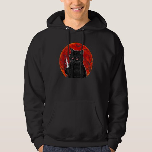Cat What Murderous Black Cat With Knife Halloween Hoodie (Vorderseite)