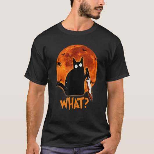 Cat What Murderous Black Cat With Knife Halloween T-Shirt (Vorderseite)