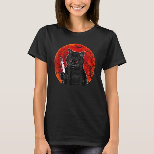 Cat What Murderous Black Cat With Knife Halloween T-Shirt (Vorderseite)