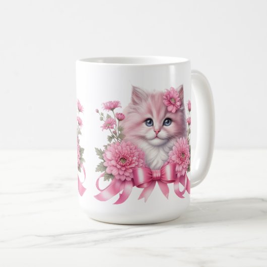 Cat Whit Pink Ribbon Kaffeetasse (VorderseiteRechts)