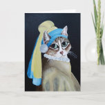 Cat With A Pearl Earring Greeting Karte<br><div class="desc">Based on the painting "Girl with a Pearl Earring, " done in 1665 by Johannes Vermeer, this card features a not-so-famous Canadian tabby cat named Bella. One day her owner took a photo of Mizz Bella in much the same pose as the famous painting. She posted the pic on Facebook...</div>