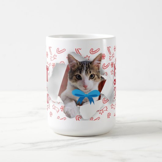 Cat with bow wishing Merry Christmas Mug Kaffeetasse (Mittel)