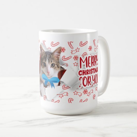 Cat with bow wishing Merry Christmas Mug Kaffeetasse (VorderseiteRechts)