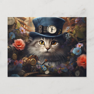 cat with Cylinder and flowers in steam Punk Style Postkarte