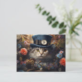 cat with Cylinder and flowers in steam Punk Style Postkarte (Stehend Vorderseite)