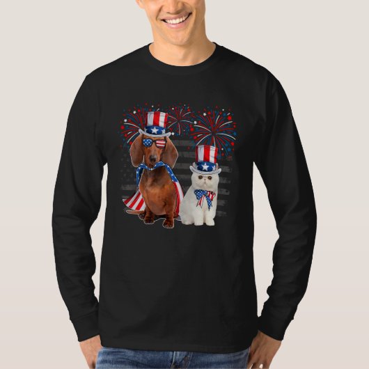 Cat With Dachshund Sunglasses American Flag 4th Of T-Shirt (Vorderseite)