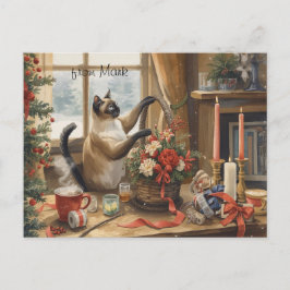 Cat with Flowers Winter Christmas Collection Feiertagspostkarte