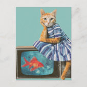 Cat With Goldfish on TV Retro Collage Postkarte (Vorderseite)