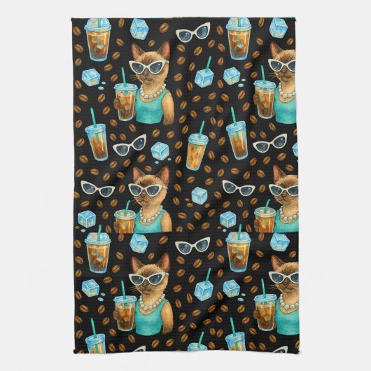 Cat with Ice Coffee for Siamese Cat Lovers Geschirrtuch (Vertikal)
