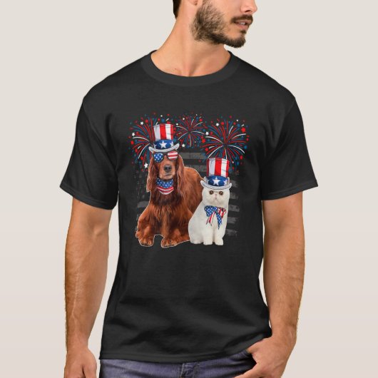 Cat With Irish Setter Sunglasses American Flag 4th T-Shirt (Vorderseite)