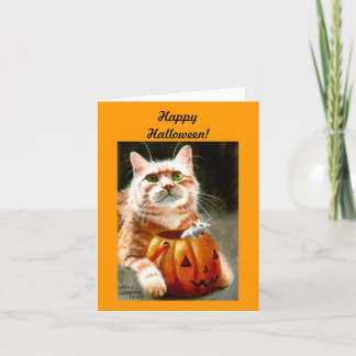 Cat with Mouse in Pumpkin Happy Halloween! Karte