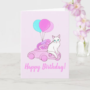 Cat with pink car and balloons karte
