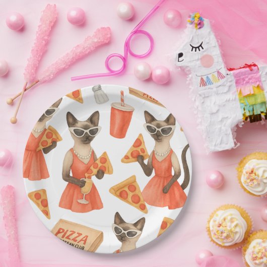 Cat with pizza for Siamese Cat Lovers Pappteller (Party)