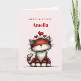 Cat with Red Love Hearts Cute and Funny Birthday Karte