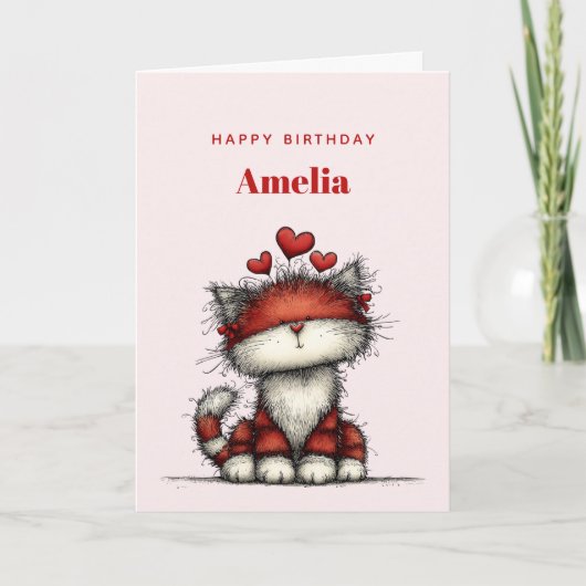 Cat with Red Love Hearts Cute and Funny Birthday Karte (Vorderseite)