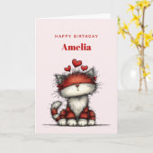 Cat with Red Love Hearts Cute and Funny Birthday Karte (Gelbe Blume)