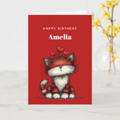 Cat with Red Love Hearts Cute and Funny Birthday Karte (Gelbe Blume)