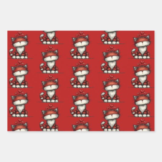 Cat with Red Love Hearts Cute and Funny Pattern Geschenkpapier Set (Vorderseite)