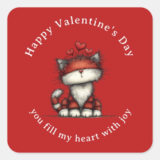 Cat with Red Love Hearts Cute Fun Valentine's Day Quadratischer Aufkleber (Vorderseite)