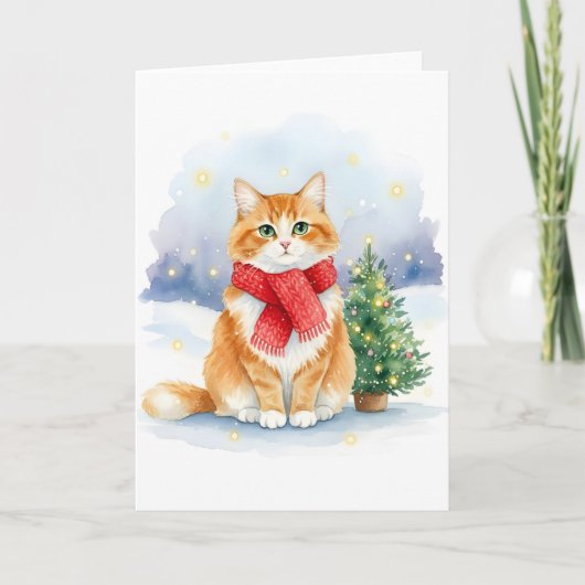 Cat with Red Scarf and Christmas Tree Watercolor Karte (Vorderseite)