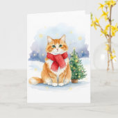 Cat with Red Scarf and Christmas Tree Watercolor Karte (Gelbe Blume)