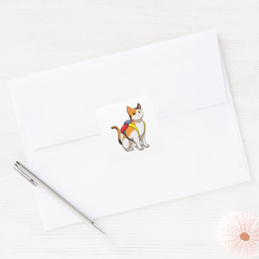 Cat with Satchel Quadratischer Aufkleber (Umschlag)