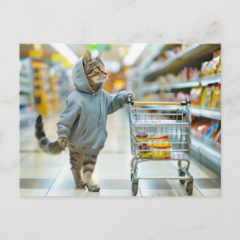 Cat with shopping basket in supermarket aisle feiertagspostkarte