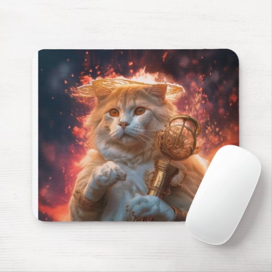 Cat Wizard With Magic Staff Amidst Flames Mousepad (Mit Mouse)