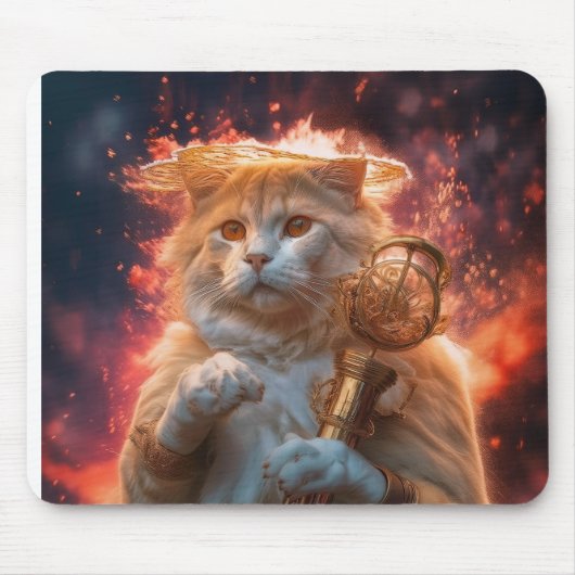 Cat Wizard With Magic Staff Amidst Flames Mousepad (Vorne)