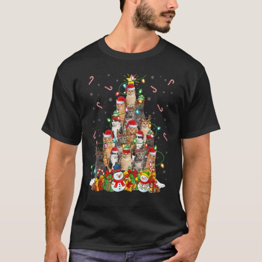 Cat Xmas Lighting Tree Santa Cat Christmas T-Shirt (Vorderseite)