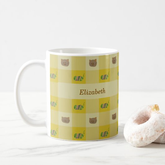 Cat & Yarn Customise Name Kaffeetasse (Mit Donut)