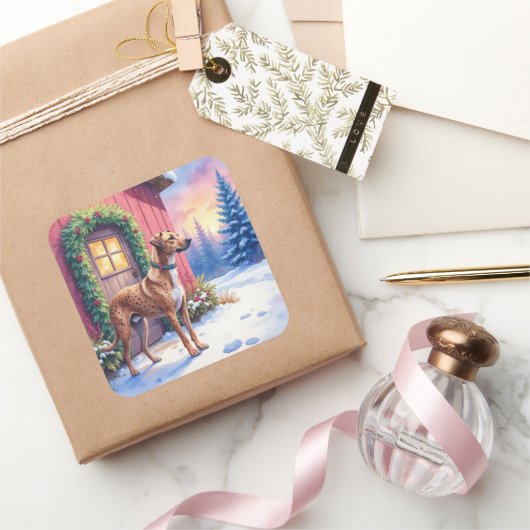 Catahoula Leopard Dog Rustic Barn Christmas Art Quadratischer Aufkleber (Schenken)