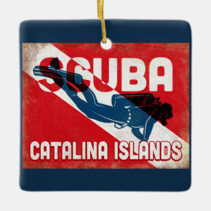 Catalina Islands Scuba Diver - Blue Retro Keramikornament
