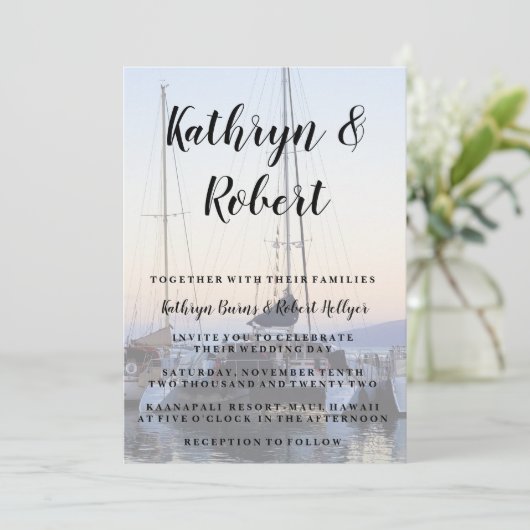 Catamaran in Lahaina Hochzeit Einladung (Stehend Vorderseite)