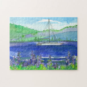 Catamaran Sailboat Lila Lupines Bergsee Puzzle