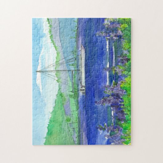 Catamaran Sailboat Lila Lupines Bergsee Puzzle (Vertikal)