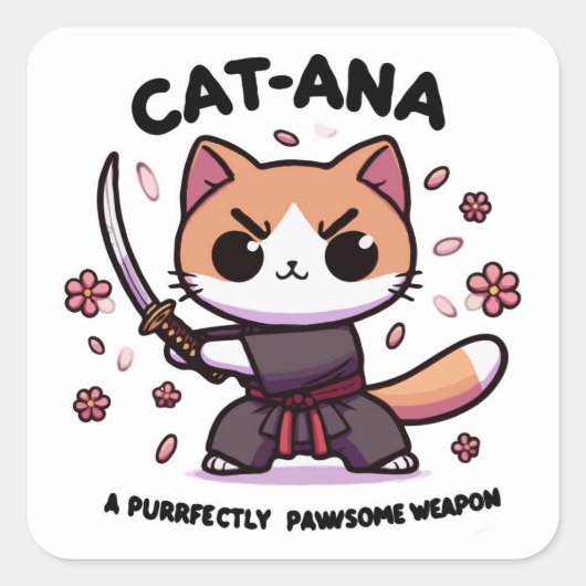 Catana Samurai - Adorable Cat Warrior Quadratischer Aufkleber (Vorderseite)