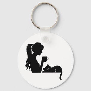 Catch Coffee Girl & Cat Silhouette Schlüsselanhäng Schlüsselanhänger