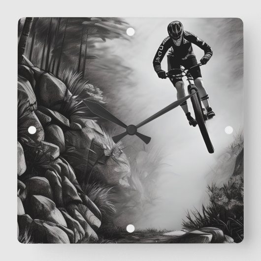 Catching Air - Mountain Bike Digitale Bleistiftski Quadratische Wanduhr (Vorderseite)
