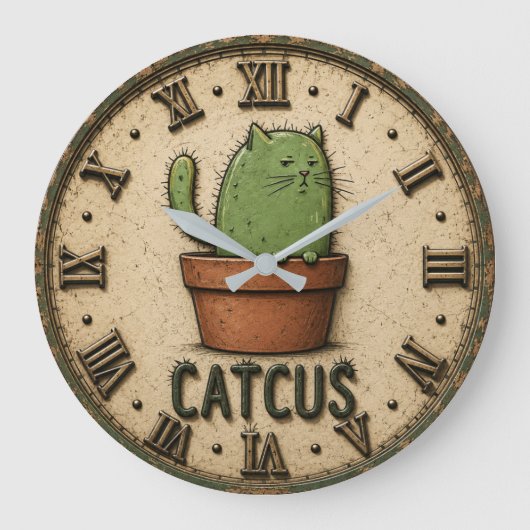 Catcus Funny Cactus Cat Große Wanduhr (Vorderseite)