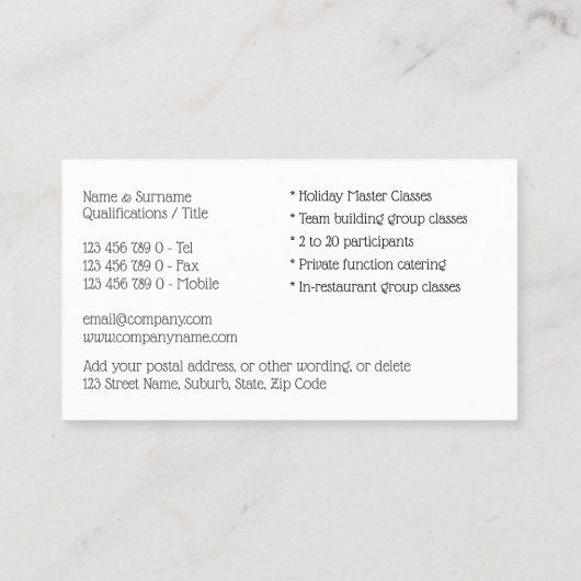 Catering Koch beruflich Foto DIY Kochschule Visitenkarte (Rückseite)