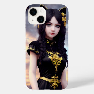 Catgirl in einem Schwarz-Gold-Kleid Case-Mate iPhone 14 Hülle