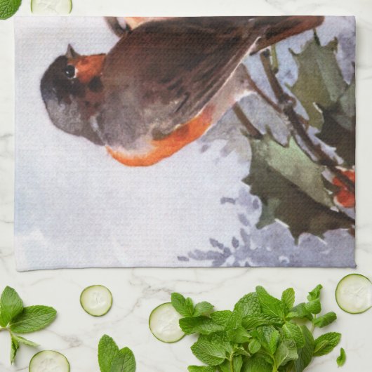 Catherine Klein: Rotkehlchen auf Stechpalme Geschirrtuch (Gefaltet)