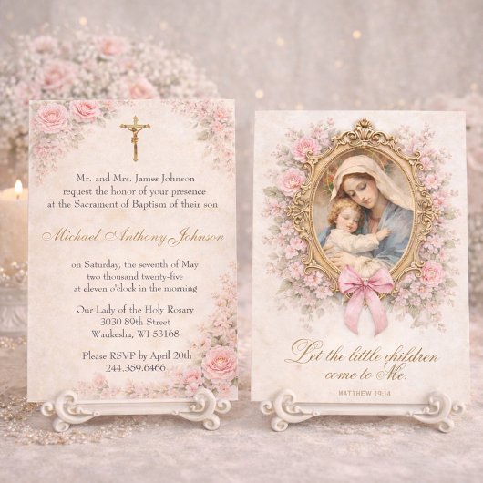 Catholic Baptism Christening Mary Jesus Roses Einladung