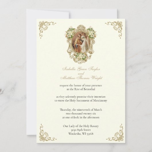 CATHOLIC FLORAL GOLD  BETROTHAL INVITATIONS EINLADUNG (Vorderseite)