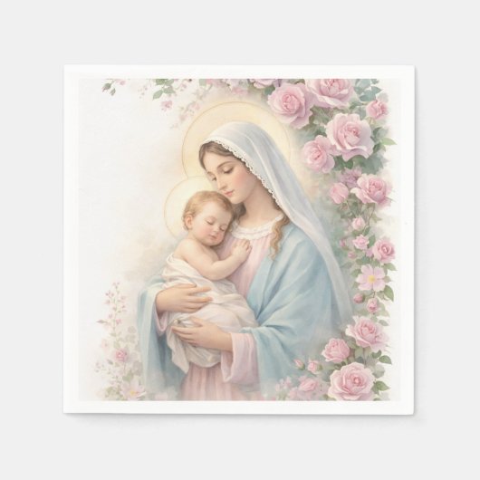 Catholic Pink Floral Baby Jesus & Mother Mary Serviette (Vorderseite)
