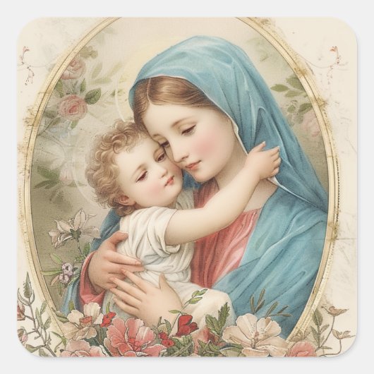 Catholic Virgin Mary Baby Jesus Floral Quadratischer Aufkleber (Vorderseite)