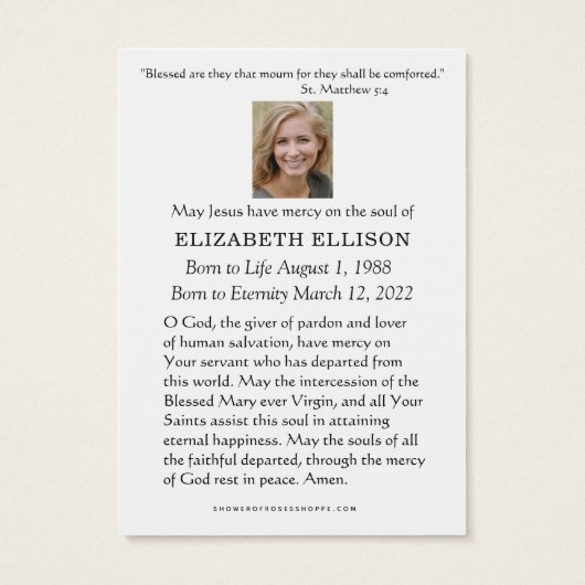 Catholic Virgin Mary Fatima Funeral Prayer Card (Rückseite)